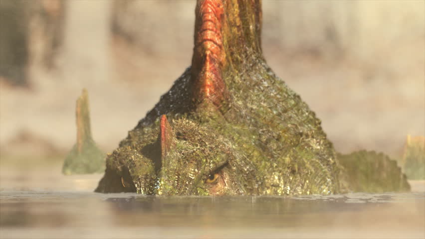 3D render animation of close up spinosaurus at a creek in the water in prehistoric setting, dinosaur concept | Shutterstock HD Video #1100473179