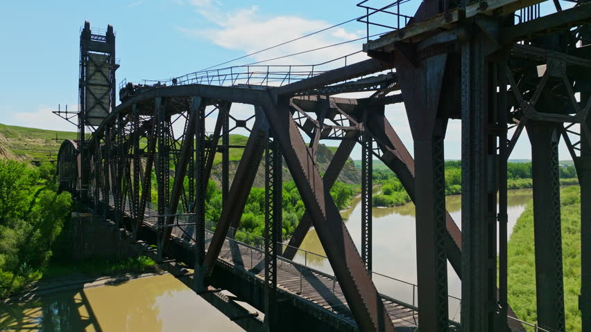 Close Shot Of Distinctive Fairview Lift Bridge Over Yellowstone River, Montana, USA