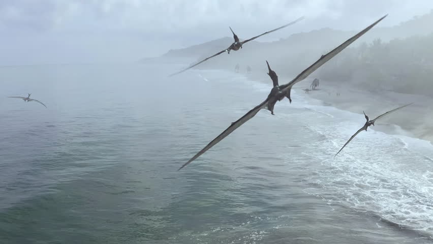 Pterosaurs dinosaurs flying over the beach in a jurassic park, 3D render animation of a prehistoric landscape scene Royalty-Free Stock Footage #1100474017