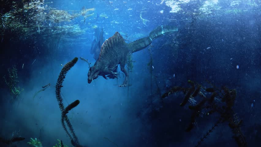 Underwater view of prehistoric spinosaurus dinosaurs swimming during the cretaceous period | Shutterstock HD Video #1100474469