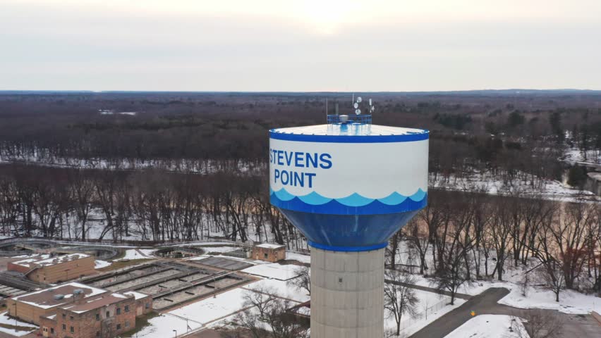 Aerial, water tank tower in Stevens Point, Wisconsin during winter season