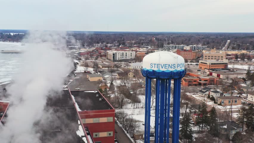 Aerial, water tower in Stevens Point Wisconsin during winter day
