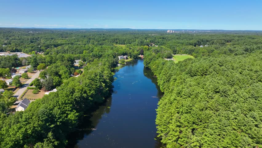 Russell Mill aerial view on River Meadow Brook in Russell Millpond in town of Chelmsford, Massachusetts MA, USA. 