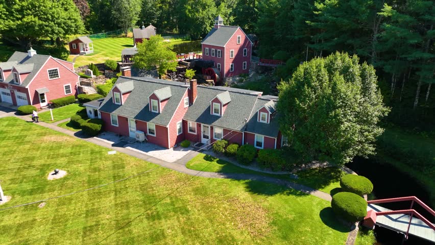 Russell Mill aerial view on River Meadow Brook in Russell Millpond in town of Chelmsford, Massachusetts MA, USA. 