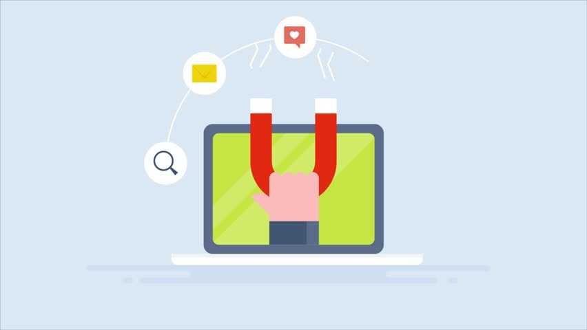 Inbound marketing plan for attracting new customers to the business. hand with magnet, SEO, email marketing, social media, video marketing - 2D animation clip
