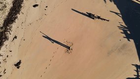 girl woman person female shadow say hi say hello in action on the beach big boat Bretagne plouhinec France boat cemetery aerial spot drone top above view sunny day explorer of the earth 