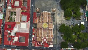Stunning aerial views of Cholula, Puebla captured by drone. Fly over the city center, magnificent churches, cathedrals and its breathtaking landscape. Perfect for stock video content.