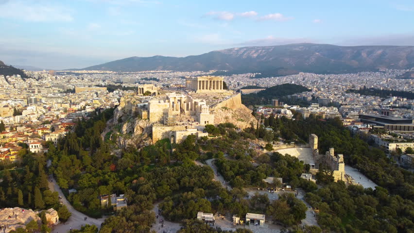 Athens Greece, Acropolis - World Destination; Wide Pan Left; Mars Hill, Ancient Greece, Tourist Destination, Cruise Ship, Mediterranean sea, Culture Tourism, World History, Historical Site, AIA Royalty-Free Stock Footage #1100479849
