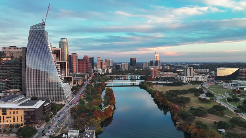Fly Back Over Cityscape With Block 185 Skyscraper In Downtown Austin, Texas. Aerial Pullback