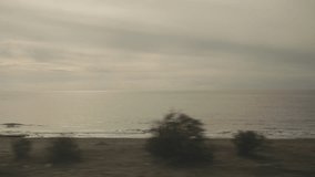 View from a moving car on the seashore, cloudy weather.