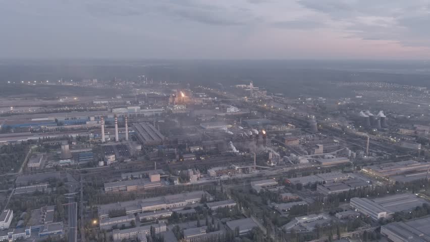 A-Log. Lipetsk, Russia. Iron and Steel Works. Left Bank District. Time after sunset, Aerial View