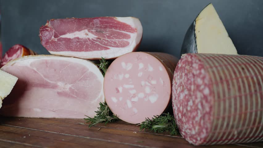 Italian deli meats and cheeses on display in a restaurant. Prosciutto, salami, mortadella, and various cheeses in an Italian deli restaurant. Royalty-Free Stock Footage #1100484479
