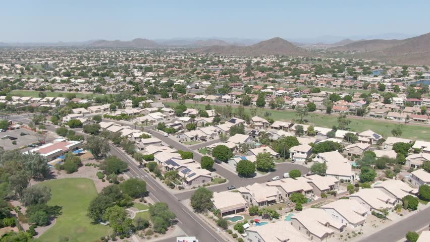 Drone shot of a neighborhood community for snow birds in Phoenix, Arizona.