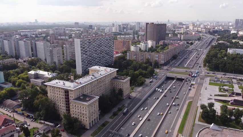 Establishing shot with an aerial view of the metropolis of Moscow. Aerial view of the Moscow area