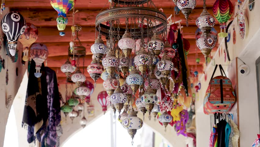 Ottoman style handmade lighting chandeliers for sale in tourist shop in cappadocia | Shutterstock HD Video #1100486783