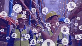 Animation of network of profiles over female supervisor and male workers checking stock at warehouse. Global networking and logistics business technology concept - Powered by Shutterstock - Get 15% off with code: PIKWIZARD15