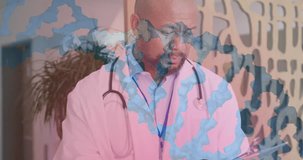 Animation of dna strand and maths formulae over portrait of smiling african american male doctor. Medical and healthcare services concept digitally generated video.