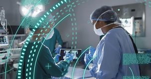 Animation of medical data processing over diverse female surgeons using tablet in operating theatre. Medical and healthcare services concept digitally generated video.