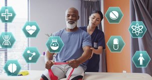 Animation of medical icons over diverse female physiotherapist working with male patient. Medical and healthcare services concept digitally generated video.