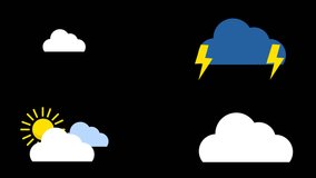 Weather icon animation. footage in 4k 30 fps. Weather symbols collection. Isolated alpha background icons in animation. Editable background. Sun with clouds. Rain and snow sign. Lighting storm. 