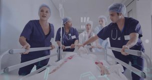 Animation of medical data over diverse female and male doctors pushing patient in hospital bed. Medical and healthcare services concept digitally generated video.