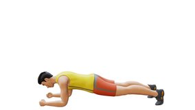 Animated character doing Plank Biceps Taps. Plank Biceps Tap exercise in 3d animation. Perfect for fitness themed productions, health products, diet, weight loss, video editing. 3d Render
