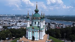 St. Andrew's Church. Kiev. The sights of Kiev. Church. A beautiful view of the city. Drone video.  Video of Kiev. View from above. 