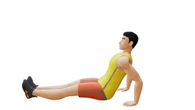 Animated character doing Reverse Plank. Reverse Plank exercise in 3d animation and illustration. Perfect for fitness themed productions, health products, diet, weight loss, video editing. 3d Render