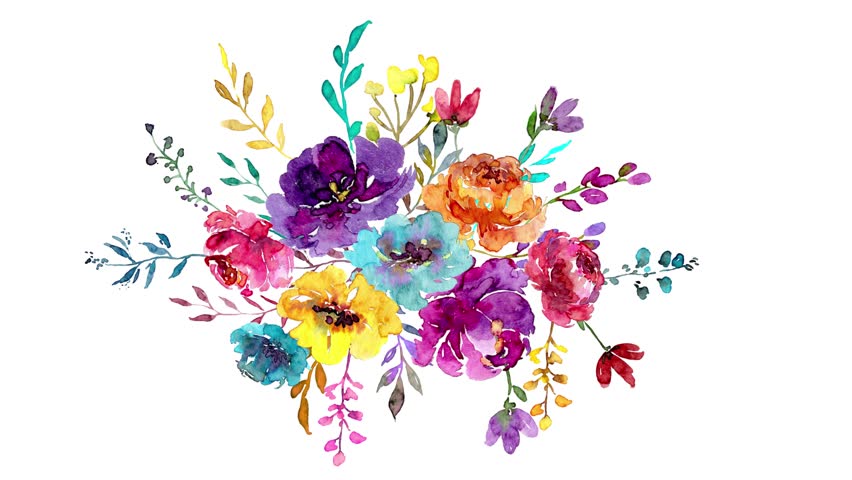 Bouquet of animated colorful watercolor flowers. White background. 23,98fps | Shutterstock HD Video #1100496989