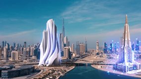 AERIAL. Dubai city in future. Real Estate Project Construction Site Industrial Building Development by Using 3D VFX Graphics. Futuristic Concept of Buildings Development - Powered by Shutterstock - Get 15% off with code: PIKWIZARD15