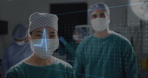 Animation of medical vital signs data over diverse female and male surgeons in theatre. Medical and healthcare services concept digitally generated video.