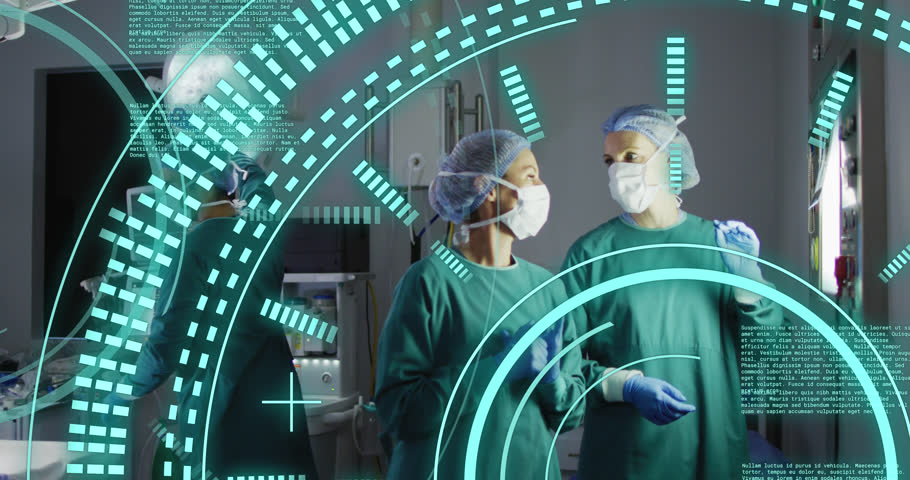 Animation of data processing rings over two diverse female surgeons talking in operating theatre. Medical and healthcare services concept digitally generated video. | Shutterstock HD Video #1100498701