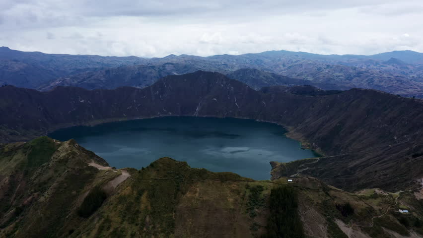 Aerial view of the crater lake of the Quilotoa volcano in Ecuador, South America