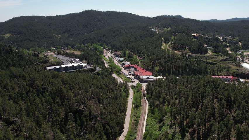 Aerial View of Historic Black Hills Central Railroad and Keystone Town, South Dakota USA, Drone Shot