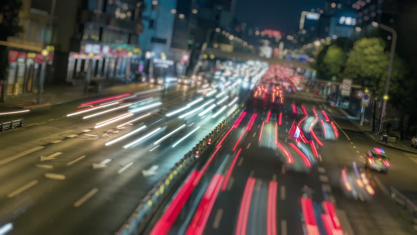 Car traffic elevated view at night timelapse with tilt-shift effect, Chengdu, Sichuan province, China | Shutterstock HD Video #1100500695