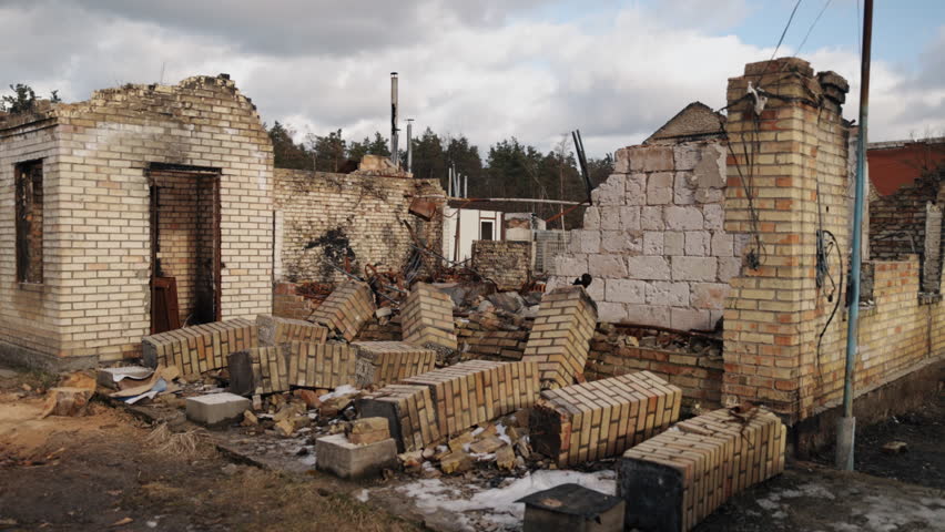 Disaster scene, Aftermath bombing, destroyed by war. During war, many buildings were destroyed. War in Ukraine also left country with debris, dust, destroyed buildings, damaged houses of bombing.