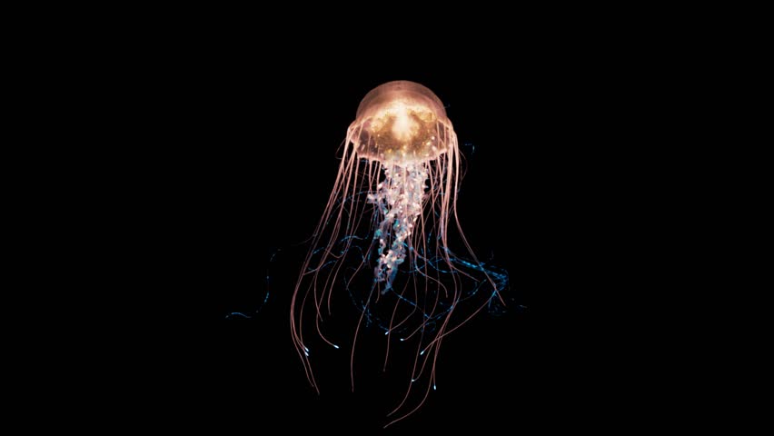 4K. blue fluorescent jellyfish swimming in deep ocean. transparent glowing jellyfish underwater shot moving in the water. marine life wallpaper background, isolated on black with alpha | Shutterstock HD Video #1100509695