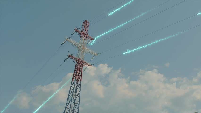 High voltage tower. Visualization of current in wires. High voltage tower concept. Electrical Transmission Tower against the blue sky. High Voltage Transmission Tower | Shutterstock HD Video #1100511743