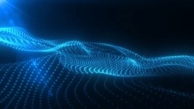 Abstract blue glowing waves from particles and dots energy magical futuristic hi-tech, abstract background. Video 4k, motion design