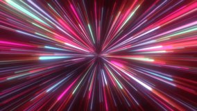 Abstract tunnel of multicolored glowing bright neon laser energy beams lines abstract background. Video 4k