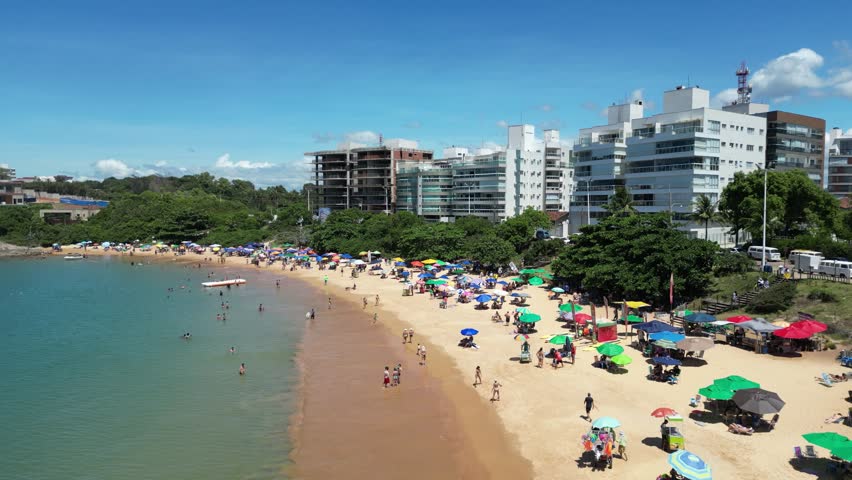 Aerial image of the Enseada Azul region in Nova Guarapari. Drone view of the beaches of Bacutia, Peracanga and Praia dos Padres, on the coast of Espírito Santo, Brazil.