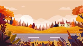 Go to road trip video concept. Banner with trailer or van driving down country road. Travel and tourism. Journey or vacation in nature. Autumn landscape with motorhome. Flat graphic animated cartoon