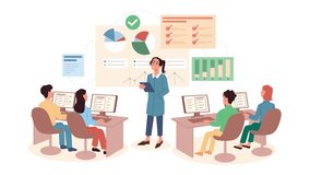 Education process video concept. Moving girl teacher or coach leads seminar or lecture on data analysis and financial management. Students learn business processes. Flat graphic animated cartoon - Powered by Shutterstock - Get 15% off with code: PIKWIZARD15