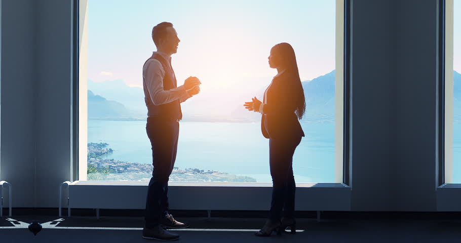 A Businessman Chatting With A Businesswoman Coworkers Greeting Handshake Partners Collaboration Working Together In Futuristic Office Lobby with Window View | Shutterstock HD Video #1100517731