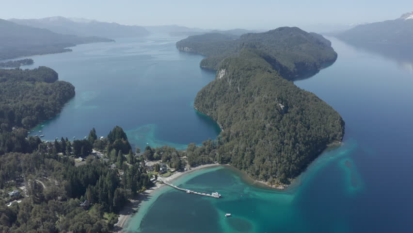 AERIAL - Nahuel Huapi Lake in Arrayanes National Park, Villa La Angostura, Neuquen, Argentina, backwards
