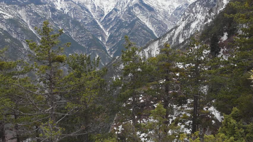 Drone Video Mount Olympus Greece Foggy snowy peaks forest Krevatia Location