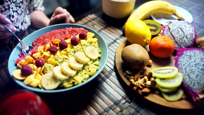 Vegan Healthy Detox Breakfast  Fruit. Dieting Healthy Food. Vegan Raw Food On Detox Diet. Vegetarian Weight Losing Bowl Balanced Food. Gluten Free Organic Food On Dieting. Berry Detox Vegan Diet