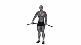 front shoulder stretch with bar fitness exercise workout animation male muscle highlight demonstration at 4K resolution 60 fps crisp quality for websites, apps, blogs, social media etc.