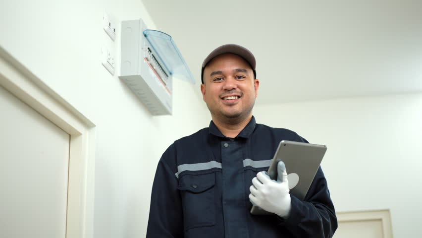 Electrician man in uniform using tablet for maintenance or fixing switches sockets  circuit breaker ,electrical system. Technician fixing an electric fuse at home. Home service concept. Royalty-Free Stock Footage #1100527259