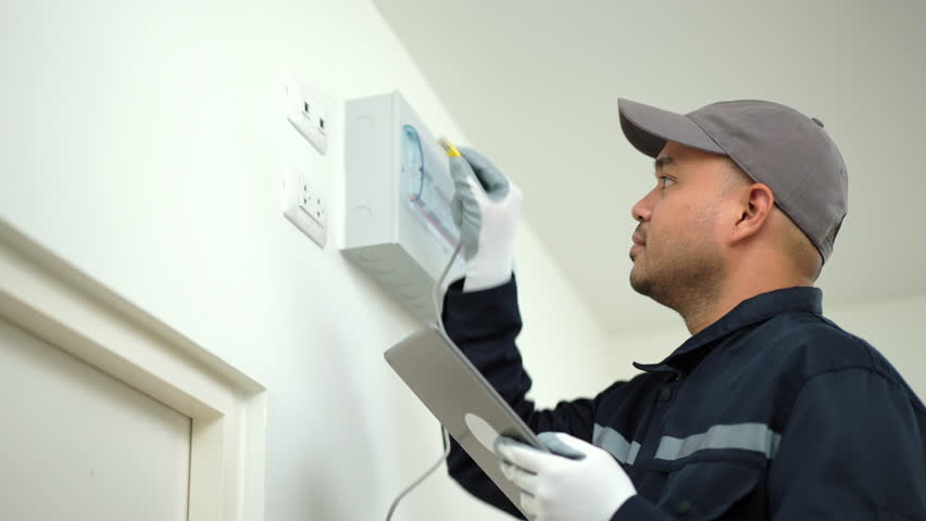 Technicians in uniform installing  network cable and using tablet  for maintenance. Electrician man checking home internet network. Home service concept. Royalty-Free Stock Footage #1100527271